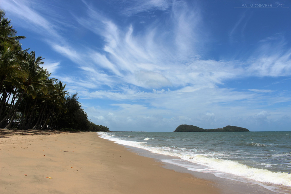 Palm Cove beach, palms, water, sky aspect and Double Island